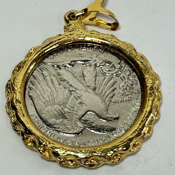 1944 Gold Gilded Plated Silver Walking Liberty Half Dollar Necklace Pendant - Picture 2 of 6